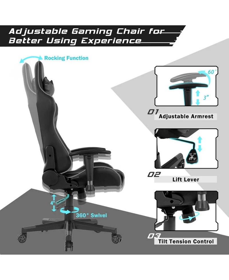 Gouun Reclining Swivel Gaming Chair with Massage Cushion and Detachable Headrest
