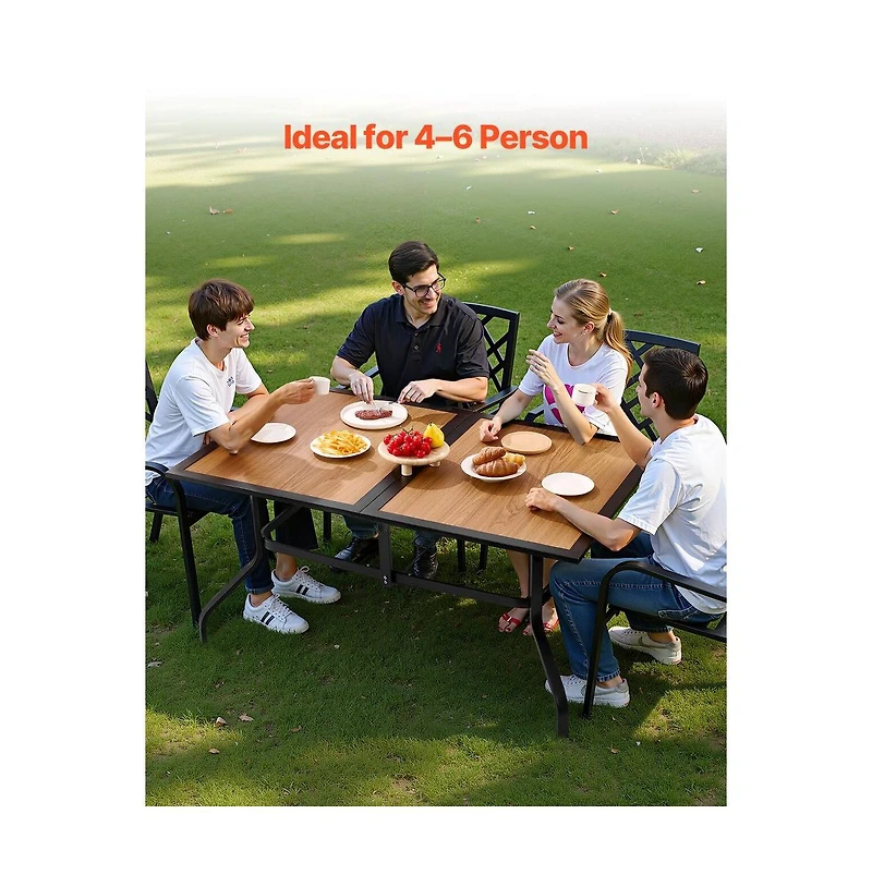 Slickblue Rectangular Outdoor Dining Table for 4-6 People, Wood-Look Steel Patio Table with Umbrella Hole