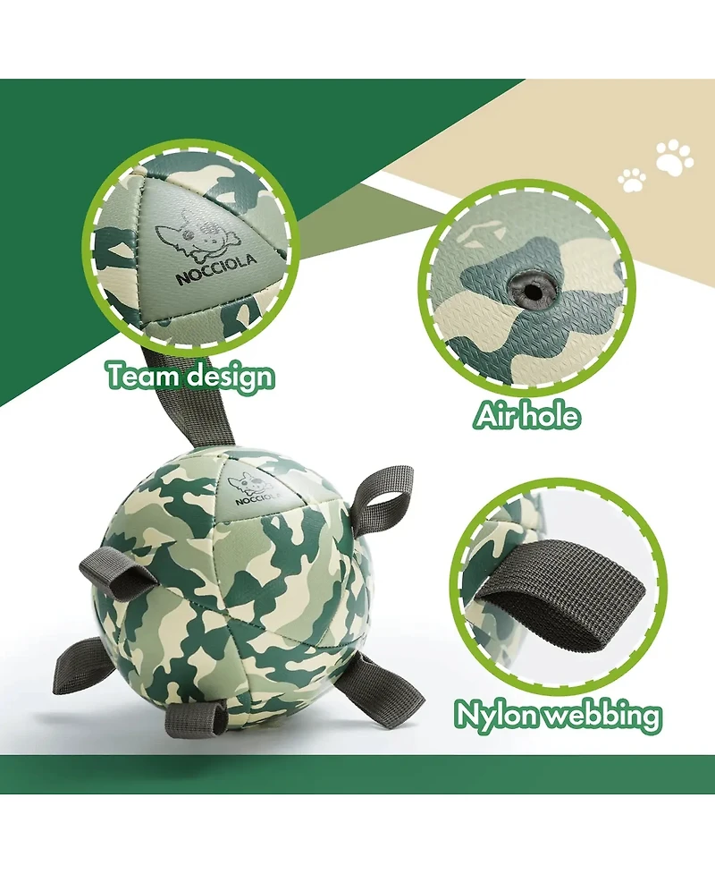 Nocciola Camo Soccer Ball Dog Toy, 6 Inch Squeaky Tug and Fetch Ball with Durable Strap, Interactive Toy for Medium Dogs