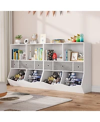 gaomon 2Pcs White Kids Toy Storage Organizer Shelf with 7 Compartments and 3 Fabric Drawers, Wooden Bookcase Cabinet for Playroom Bedroom Hallway