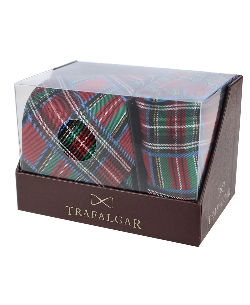 Trafalgar Men's Nicholas Tartan Plaid Silk Necktie and Pocket Square Bundle