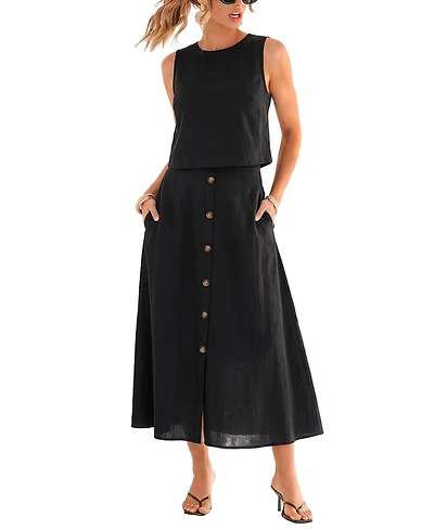 Cupshe Women's Crew Neck Button Skirt Set