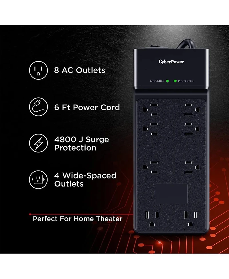CyberPower CSB806R1 8-Outlet Surge Protector with 6' Power Cord, Compatible with Standard Wall Outlets