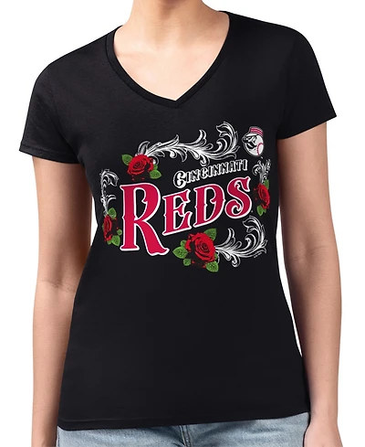 Women's G-iii 4Her by Carl Banks Black Cincinnati Reds Super-Slim Fit Lightweight Retro Roses V-Neck T-Shirt