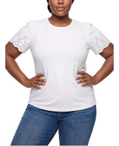 Torrid Plus Belle Isle Eyelet Scalloped-Edge Cotton Crewneck Short-Sleeve T-Shirt