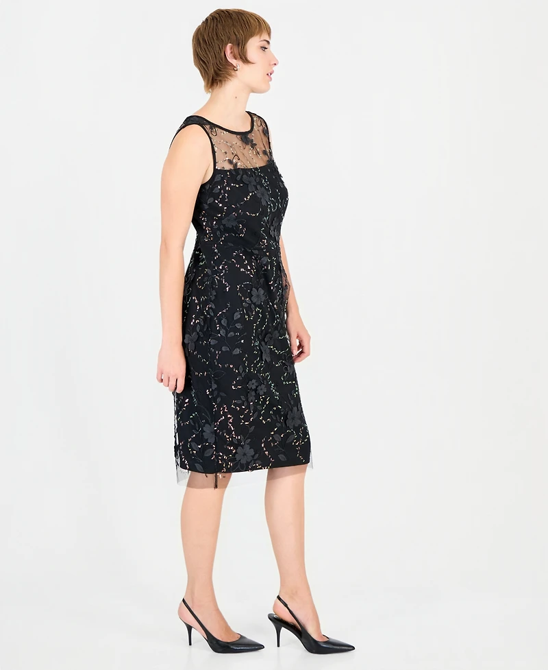 Connected Women's Floral-Print Sequin Boat-Neck Sheath Dress