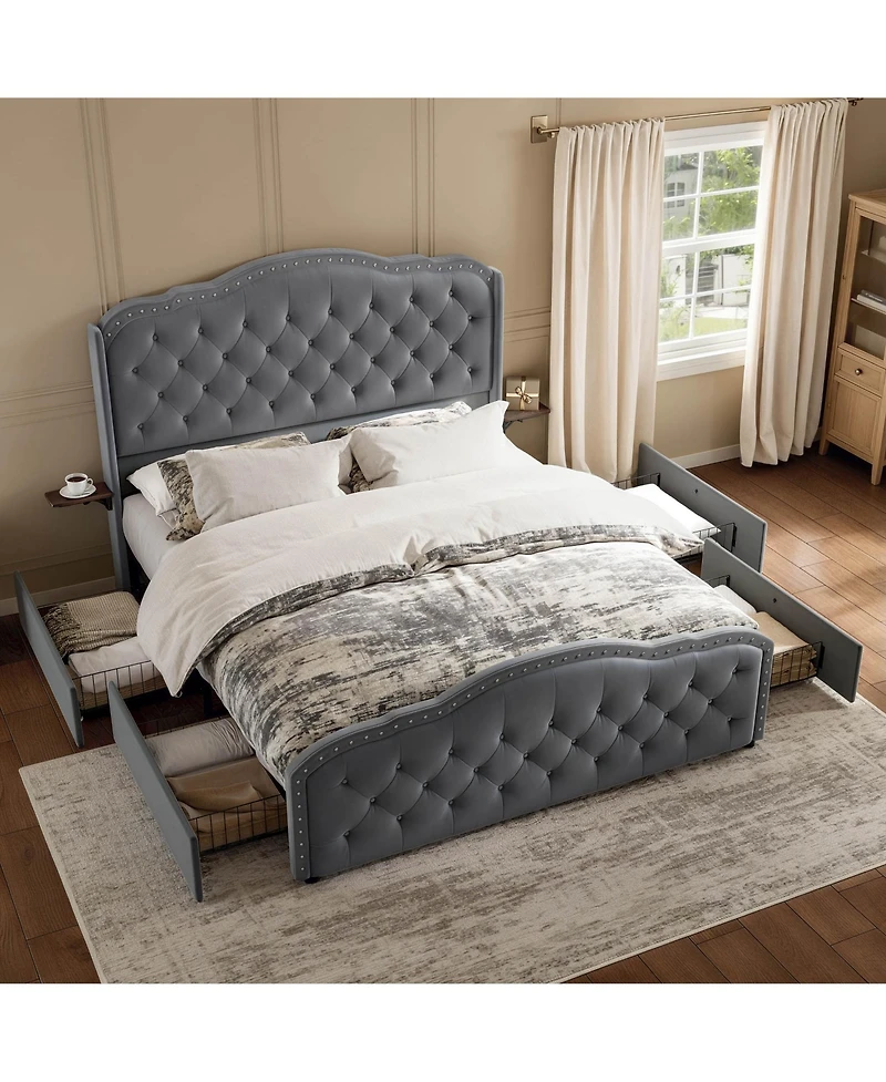 Hausource Velvet Wingback Upholstered Full Platform Bed, 4 Underbed Storage Drawers and 2 Retractable Side Tables, No Box Spring Required