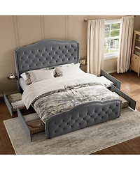 Hausource Velvet Wingback Upholstered Full Platform Bed, 4 Underbed Storage Drawers and 2 Retractable Side Tables, No Box Spring Required
