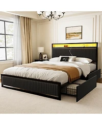 Hausource Full Velvet Upholstered Platform Bed, Movable Drawers, Dimmable Led and Usb-c Charging Hub, No Box Spring Needed