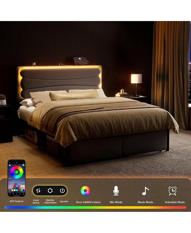Hausource Velvet Upholstered Bed, Adjustable Height Headboard, 2 Storage Drawers, Led Light and Charging Ports
