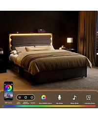 Hausource Velvet Upholstered Bed, Adjustable Height Headboard, 2 Storage Drawers, Led Light and Charging Ports