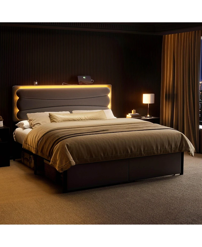 Hausource Velvet Upholstered Bed, Adjustable Height Headboard, 2 Storage Drawers, Led Light and Charging Ports