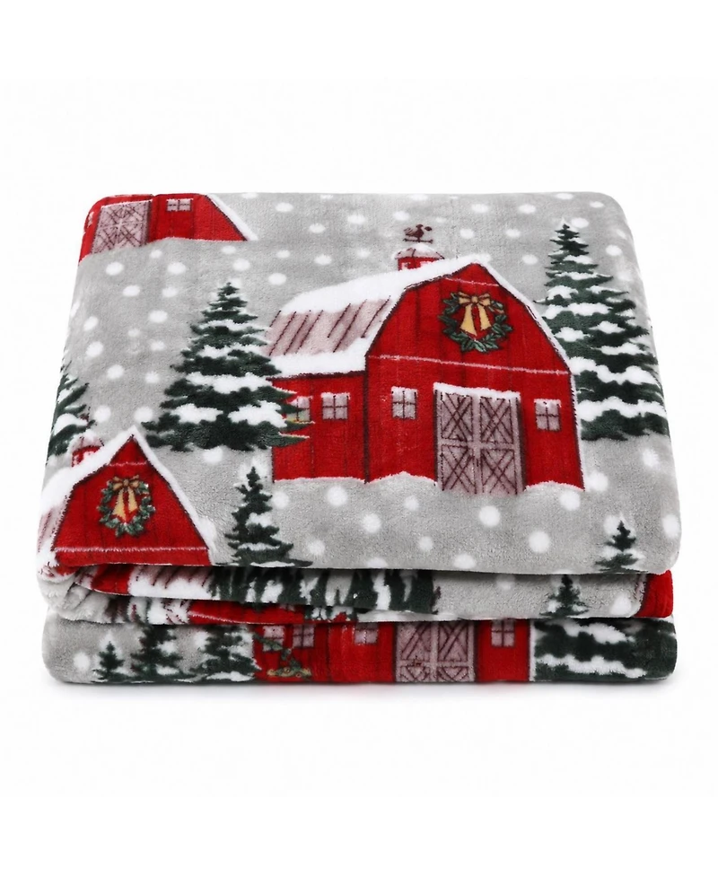 Kate Aurora Ultra Soft & Cozy Christmas Gray Snowy Barn Plush Accent Throw Blanket Cover