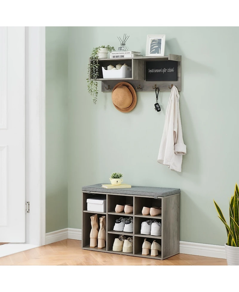 gaomon Hall Tree, Wall Mounted Coat Rack Shoe Bench Set with 5 Hooks, Industrial Entrance Organizer, Shoe Cubbies, Entryway Bench with Storage