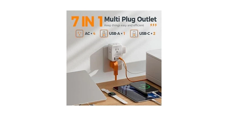 Tessan Wall Outlet Extender with 2 Usb C, 1875W for Home, Office and Travel