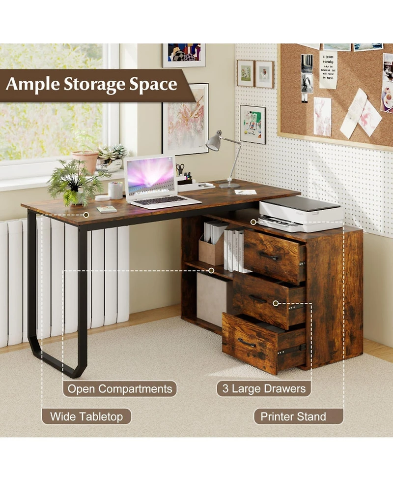 Sugift 55-Inch Reversible L-Shaped Desk with 3 Drawers and Adjustable Shelf