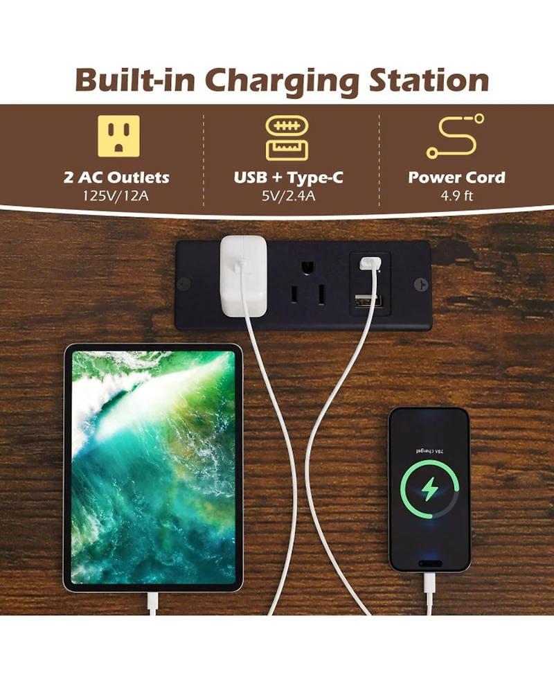 Sugift Small Rolling Computer Desk with Charging Station and Led Lights