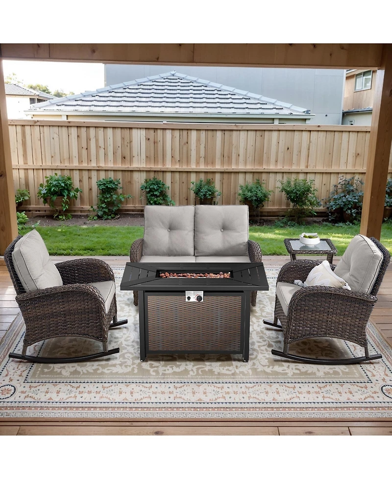 Bellefurn 5-Piece Outdoor Wicker Fire Pit Conversation Set for Cozy Backyard Evenings with Glider Loveseat and Rocking Chairs