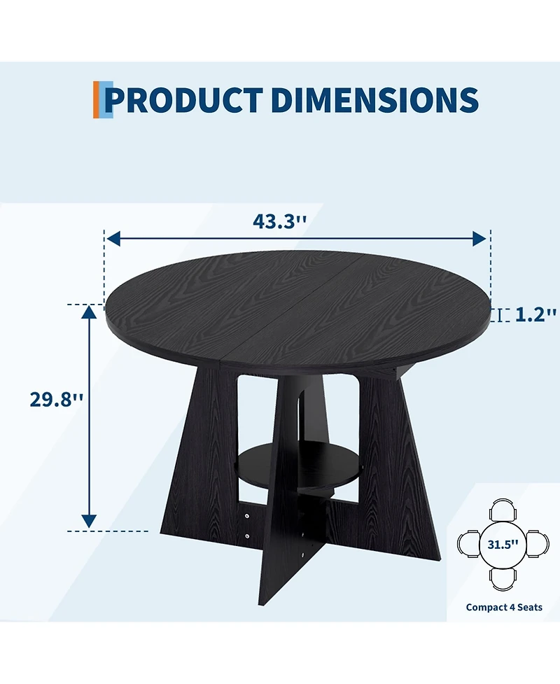 Round Dining Table with Lower Storage Rack, Kitchen Table Featuring Thick Mdf Tabletop, Anti-Scratch Surface and Cross Base to Accommodate Four People