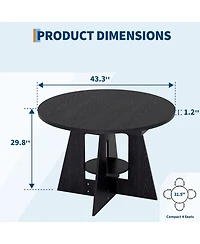 Round Dining Table with Lower Storage Rack, Kitchen Table Featuring Thick Mdf Tabletop, Anti-Scratch Surface and Cross Base to Accommodate Four People