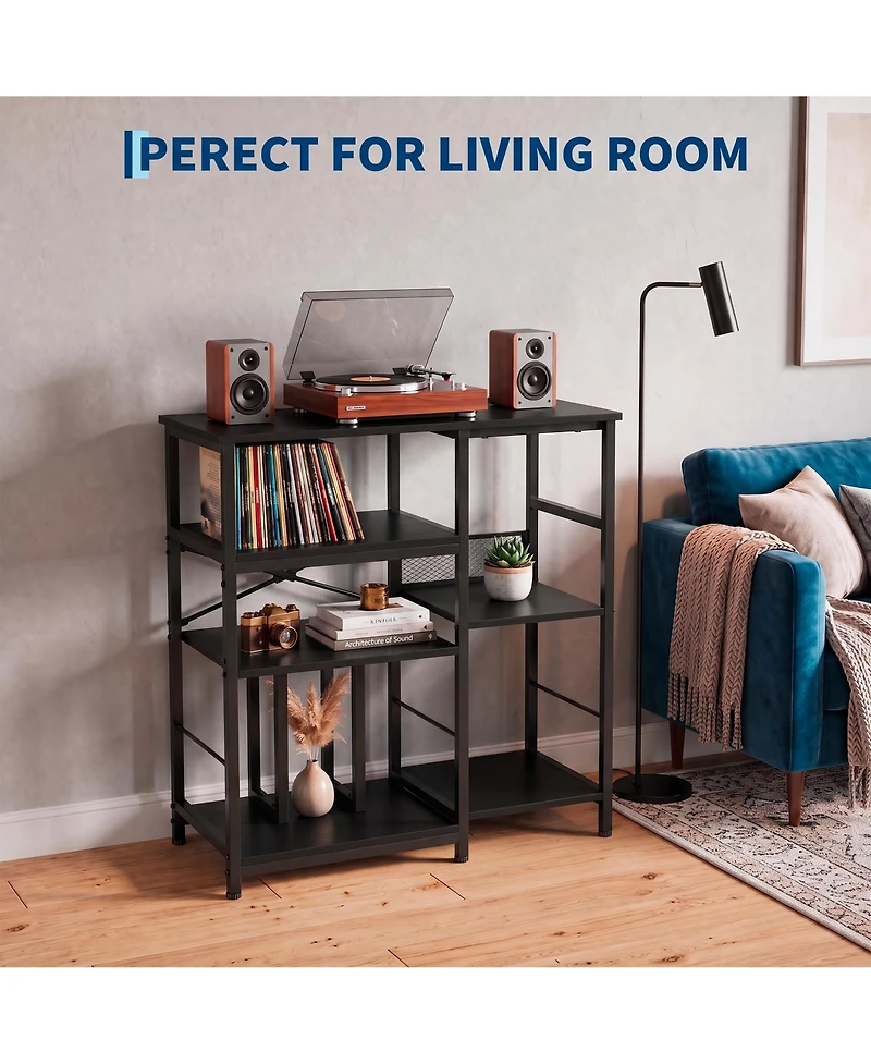 31.5 x 15.7 x 33 Inch Record Player Stand with Vinyl Storage, Turntable Table with Charging Station for Living Room, Black/Brown
