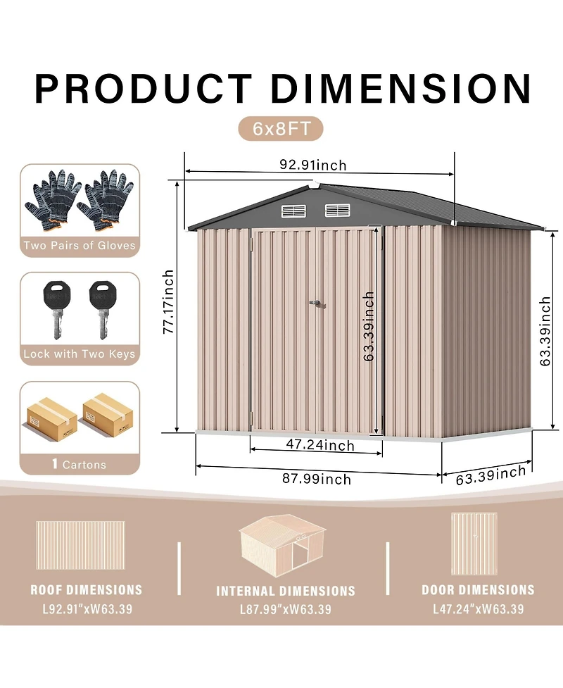 93x63x77 In Galvanized Steel Storage Shed, 6x8 Ft Metal Tool Room with/without Solar Light and Lockable Door for Backyard Patio, Grey/Brown
