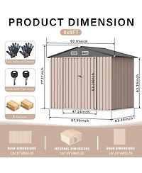 93x63x77 In Galvanized Steel Storage Shed, 6x8 Ft Metal Tool Room with/without Solar Light and Lockable Door for Backyard Patio, Grey/Brown