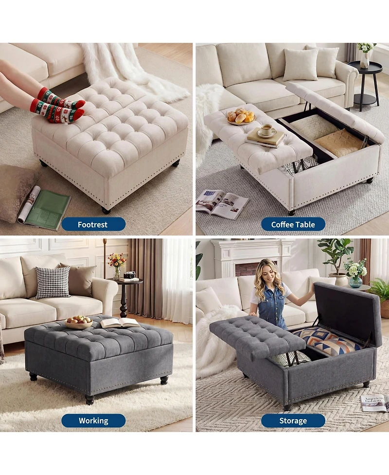 35in Square Storage Ottoman Bench with Flip-Up Seat, Linen Fabric Upholstered Bed Bench with Hidden Storage, Rubberwood Legs, Gray