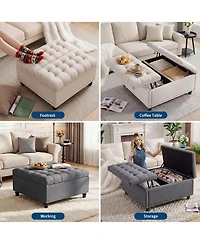 35in Square Storage Ottoman Bench with Flip-Up Seat, Linen Fabric Upholstered Bed Bench with Hidden Storage, Rubberwood Legs, Gray