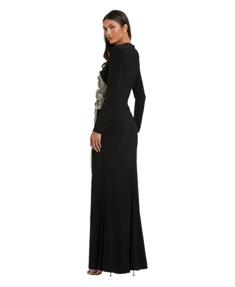 Mac Duggal Petite Floral Applique Long Sleeve Jersey Gown