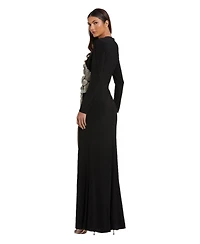 Mac Duggal Petite Floral Applique Long Sleeve Jersey Gown