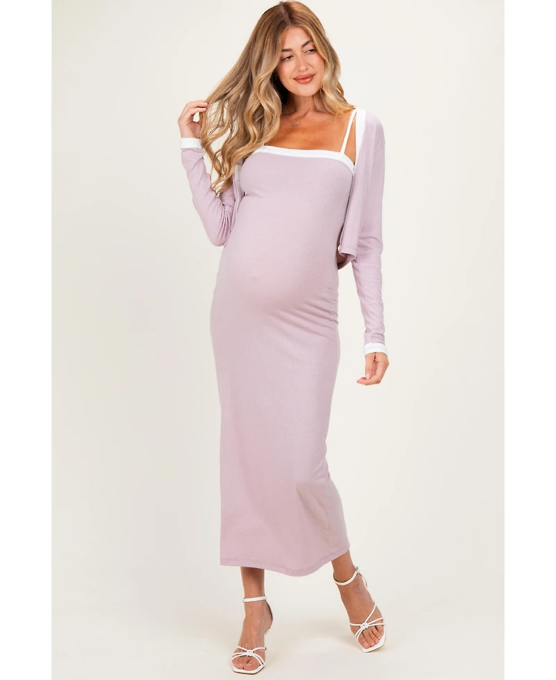 Pinkblush Women's Light Pink/ White Color Block Sleeveless Fitted Dress Cardigan Set