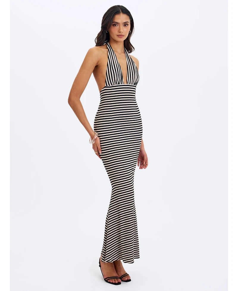 Miss Circle Women's Hannah Almond and Black Lyocell Jersey Striped Mermaid Maxi Dress