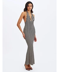 Miss Circle Women's Hannah Almond and Black Lyocell Jersey Striped Mermaid Maxi Dress