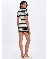 Miss Circle Women's Whitley Navy and Ivory Pique Cotton Striped Collared Mini Dress