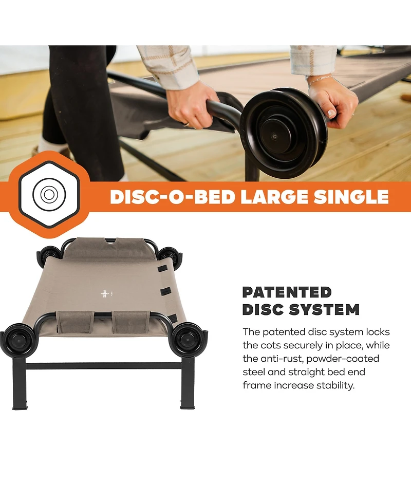Disc-o-Bed Single Cot, Portable Sleep Solution for Tents and Cabins, Tan, Large