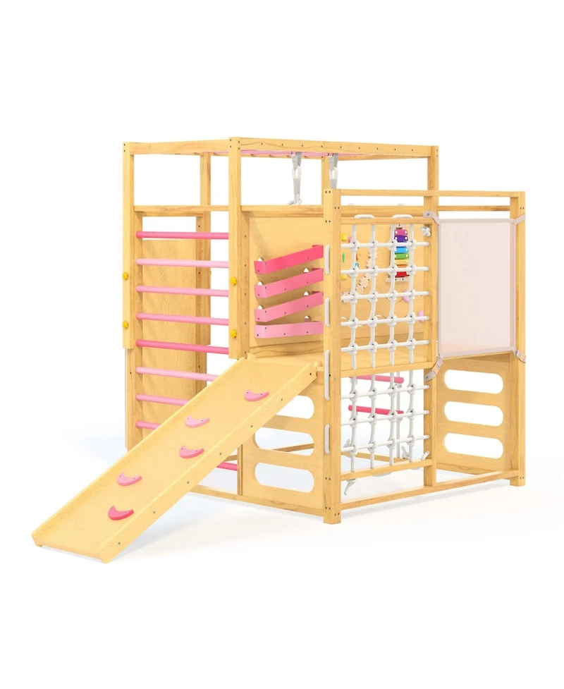 9-in-1 Indoor Jungle Gym, Wooden Playground for 2-8, Climbing Structure with Slide, Monkey Bars, Ladder, Rock Wall, Climbing Net, Rings