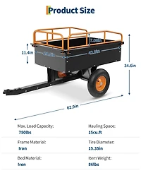 63 x 35 x 11 Inch Atv Garden Dump Cart, Heavy Duty Tow Behind Cart with Raised Guardrail 750 lbs for Lawn Farm,