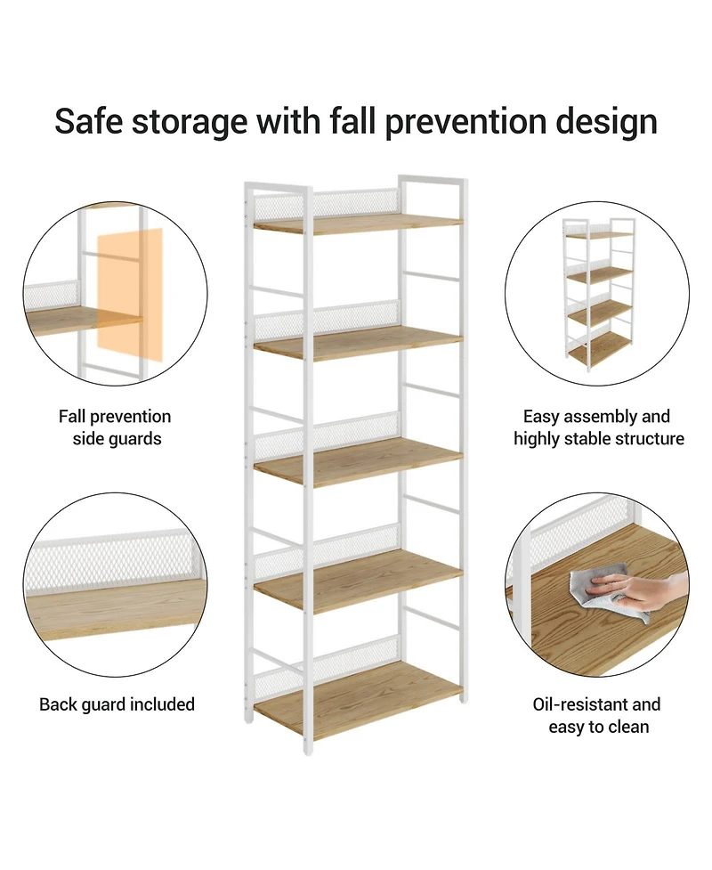 24x12x61 in 5-Tier Steel Storage Shelf, Engineered Wood Shelves, Diamond Mesh Back, for Living Room Kitchen Office, White/Black