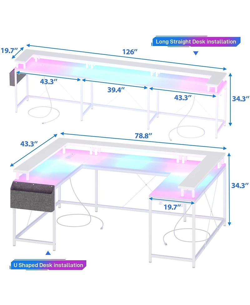 79 Inch U-Shaped Computer Desk with Power Outlets and Led Lights, Engineered Wood Top with Steel Frame for Home Office Gaming Study, White Willow