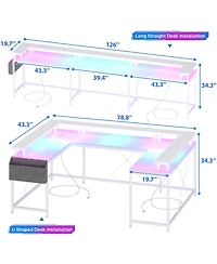 79 Inch U-Shaped Computer Desk with Power Outlets and Led Lights, Engineered Wood Top with Steel Frame for Home Office Gaming Study, White Willow
