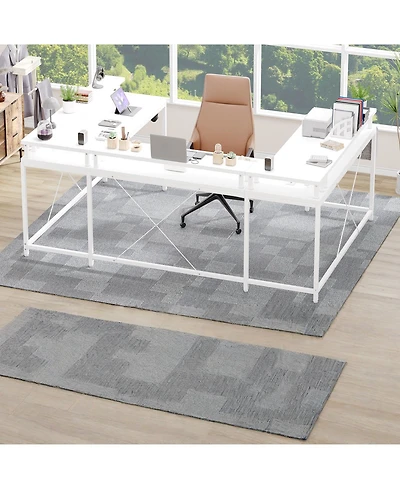 79 Inch U-Shaped Computer Desk with Power Outlets and Led Lights, Engineered Wood Top with Steel Frame for Home Office Gaming Study, White Willow