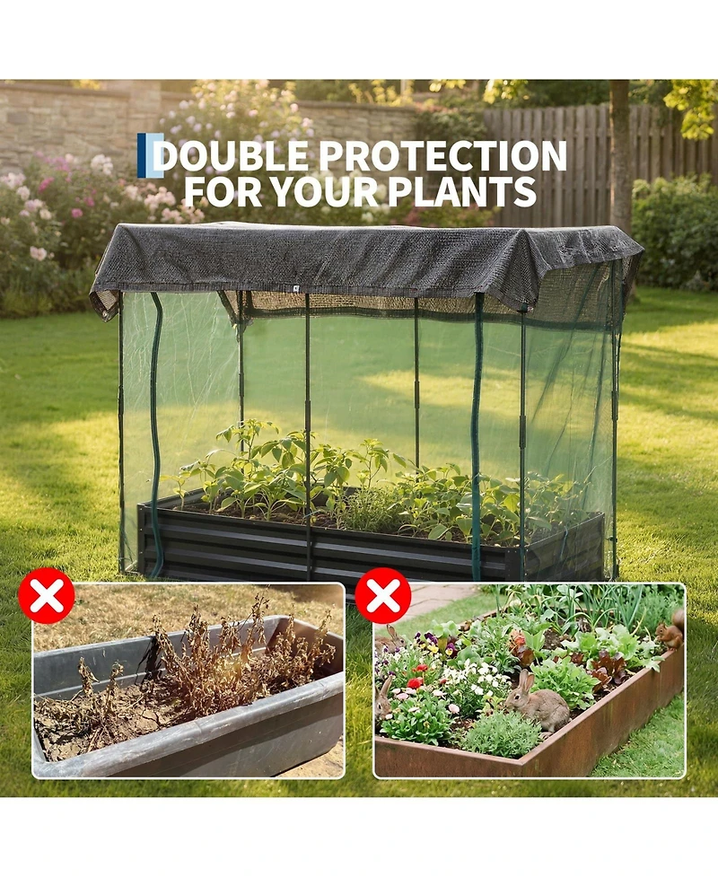 96 x 48 12 Raised Garden Bed with Insect Net and Shade Cover, Steel Planter Box for Vegetables Herbs Patio Balcony, Ivory/Silver/Black