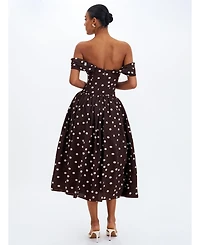 Miss Circle Women's Xandie Mocha Polka Dot Off-Shoulder Midi Dress