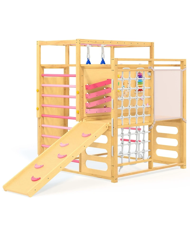 9-in-1 Outdoor Jungle Gym, Wooden playground for kids 2-8, Climbing Structure with Slide, Monkey Bars, Rope Ladder, Rock Wall, Climbing Net, Rings