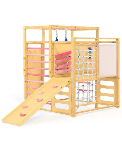 9-in-1 Outdoor Jungle Gym, Wooden playground for kids 2-8, Climbing Structure with Slide, Monkey Bars, Rope Ladder, Rock Wall, Climbing Net, Rings