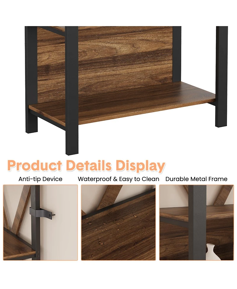4/3 Tier Bookshelf with Led Light Strip, Iron Frame Open Bookcase, Storage Display Shelf for Living Room Bedroom Home Office, Grey/Brown