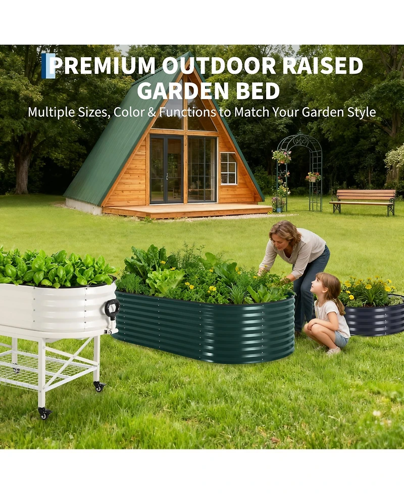 94x47x23 In Raised Garden Bed with Pvc Cover, Galvanized Steel Oval Planter Box for Vegetables Flowers Herbs Outdoor, Dark Green