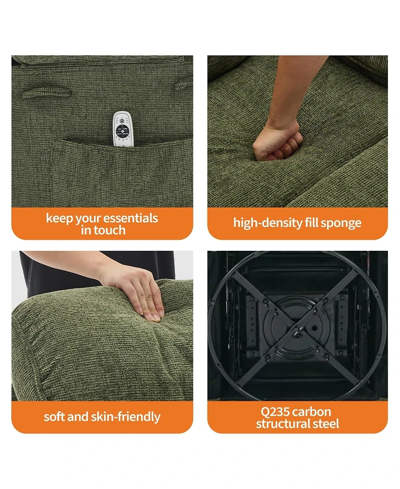 37"W Manual Swivel Rocker Recliner Chair with Massage and Heat, Linen Fabric Recliner with Iron Frame for Living Room Bedroom Office, Blue/Green