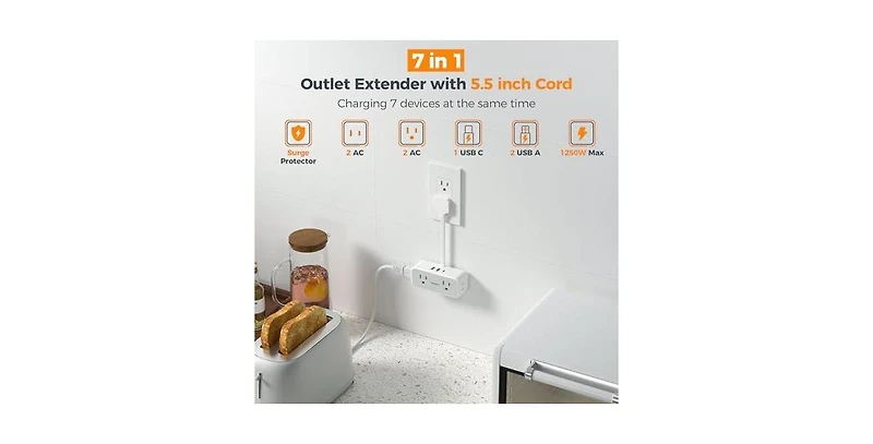 Tessan Wall Outlet Extender with 0.5Feet, 1 Usb C, 5.5 inches for Home, Office and Travel